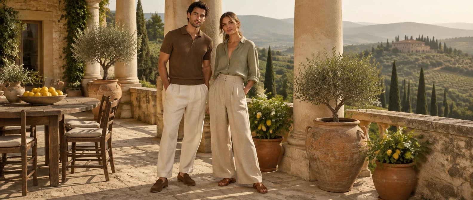 Maison & Marque — a man and a woman in linen summer tailoring on a Tuscan terrace