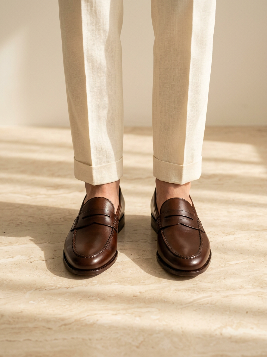 Model wearing Leather Penny Loafers