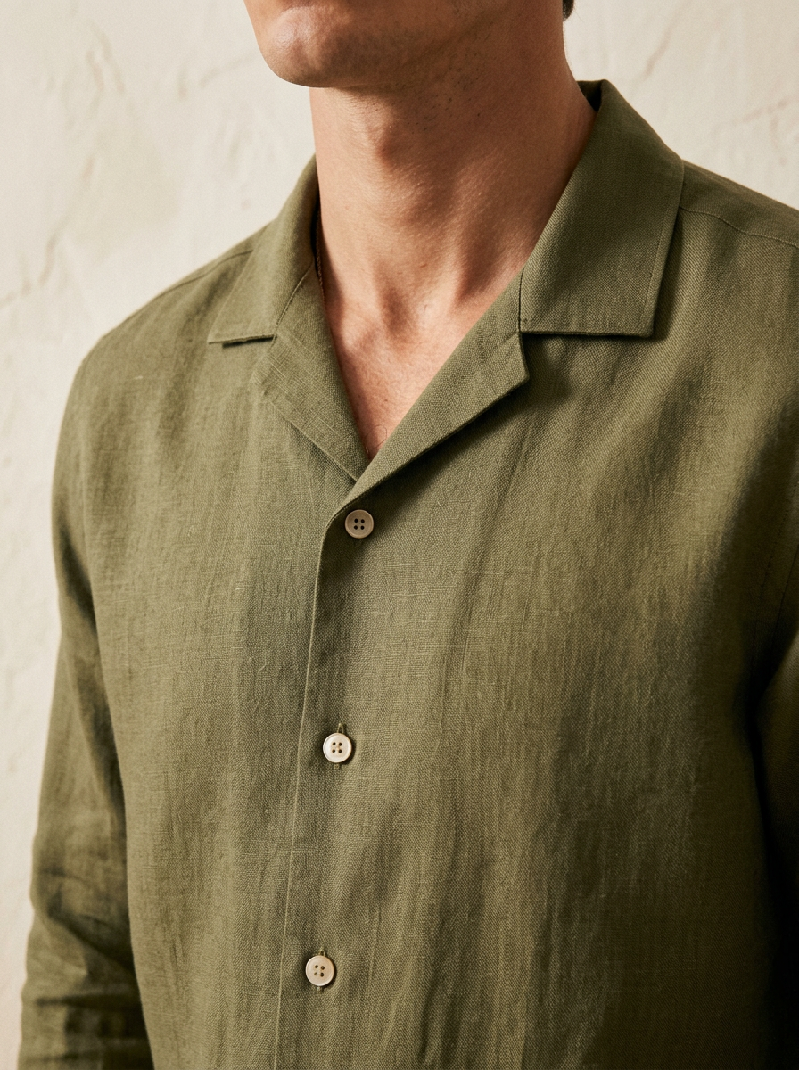 Model wearing Linen Camp Collar Shirt