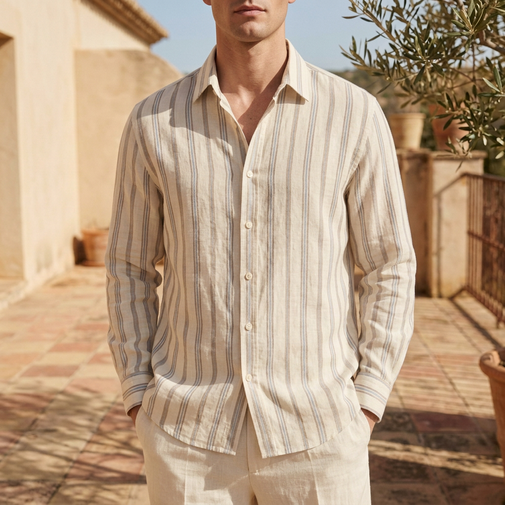Model wearing Striped Linen Blouse